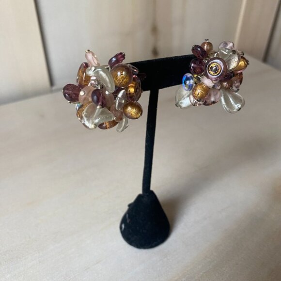 VTG 925 Italy Pierced Glass Chunky Cluster Earrings Brown Purple Rossana fairy - Picture 13 of 14
